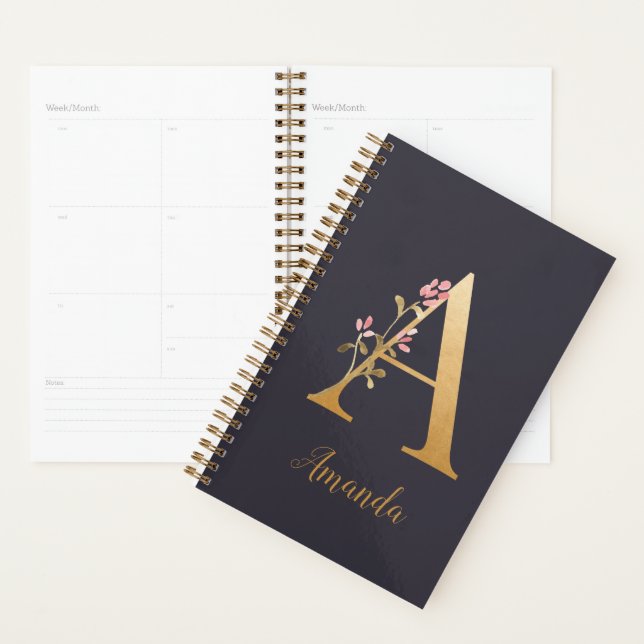 Personalised Gold Blue Elegant Floral Monogram A Planner (Display)