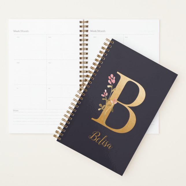 Personalised Gold Blue Elegant Floral Monogram B Planner (Display)