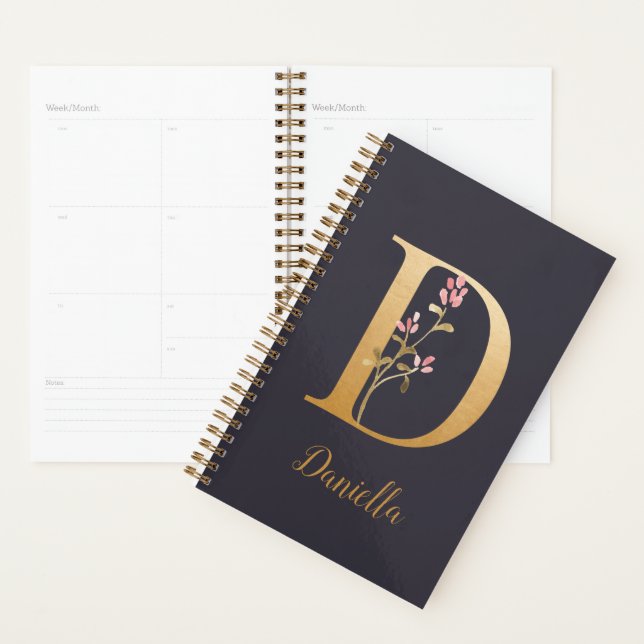 Personalised Gold Blue Elegant Floral Monogram D Planner (Display)