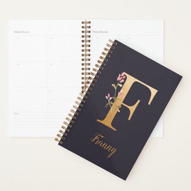 Personalised Gold Blue Elegant Floral Monogram F Planner (Display)