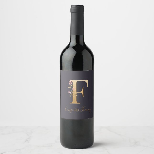 Personalised Gold Blue Elegant Floral Monogram F  Wine Label (Front)