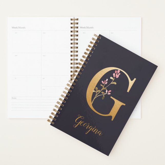 Personalised Gold Blue Elegant Floral Monogram G Planner (Display)