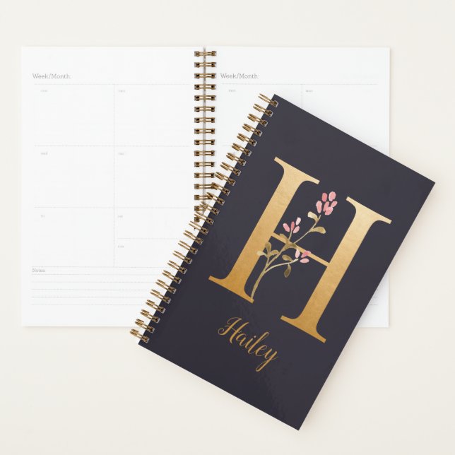Personalised Gold Blue Elegant Floral Monogram H Planner (Display)