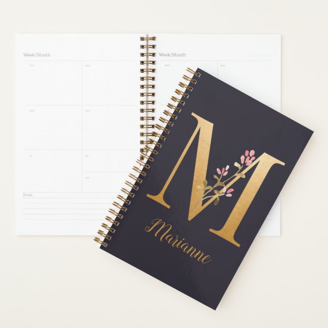 Personalised Gold Blue Elegant Floral Monogram M Planner (Display)