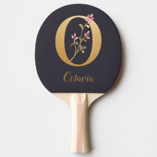 Personalised Gold Blue Elegant Floral Monogram O Ping Pong Paddle