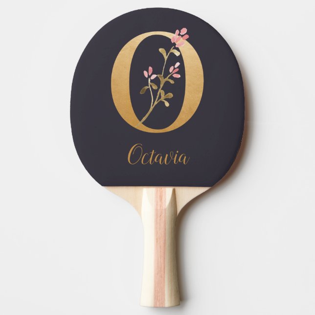 Personalised Gold Blue Elegant Floral Monogram O Ping Pong Paddle (Front)