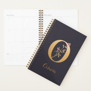 Personalised Gold Blue Elegant Floral Monogram O Planner