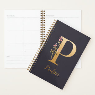 Personalised Gold Blue Elegant Floral Monogram P Planner