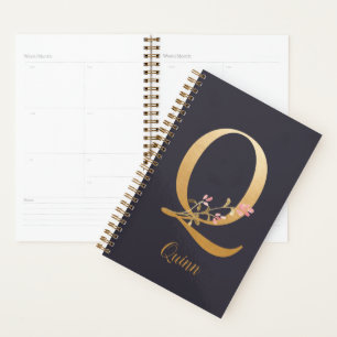 Personalised Gold Blue Elegant Floral Monogram Q Planner