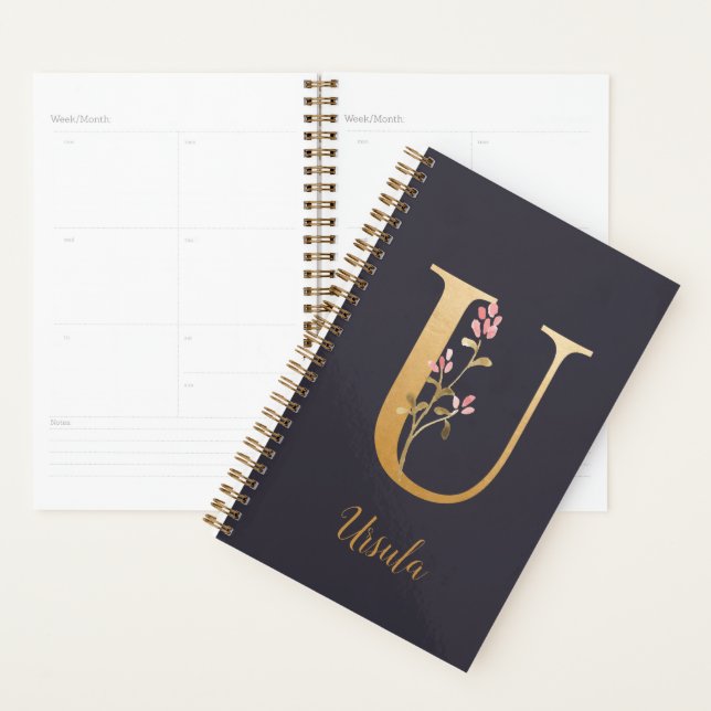 Personalised Gold Blue Elegant Floral Monogram U Planner (Display)