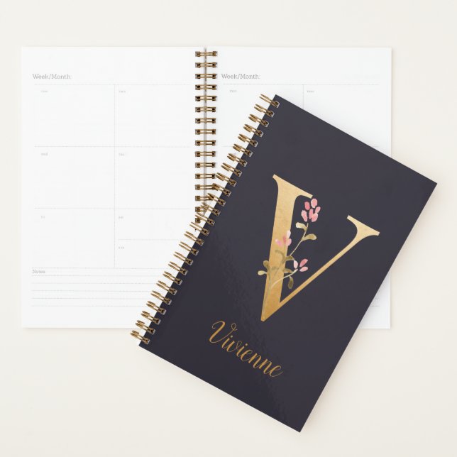 Personalised Gold Blue Elegant Floral Monogram V Planner (Display)