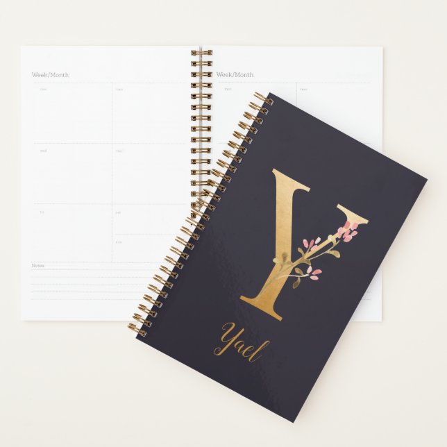 Personalised Gold Blue Elegant Floral Monogram Y Planner (Display)