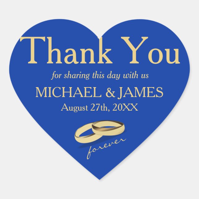 Personalised Gold & Blue Heart Wedding Sticker (Front)
