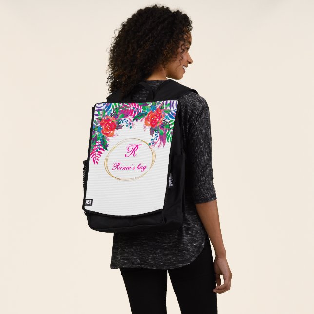 personalised gold border floral forest with inital backpack (Worn)