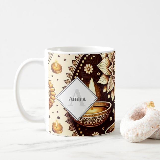 Personalised Gold & Bronze Diwali Diyas & Rangoli Coffee Mug (With Donut)