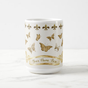 Personalised Gold Butterfly Fleur de Lis 15 oz Coffee Mug