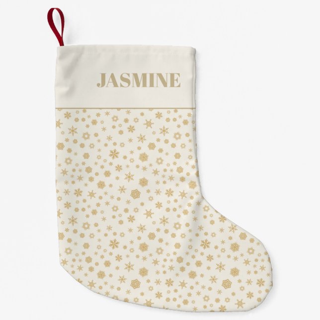 Personalised Gold Cream Snowflakes Christmas Small Christmas Stocking (Front)