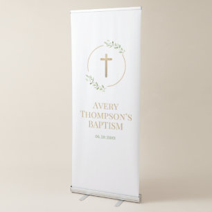 Personalised Gold Cross Greenery Baptism Custom Retractable Banner