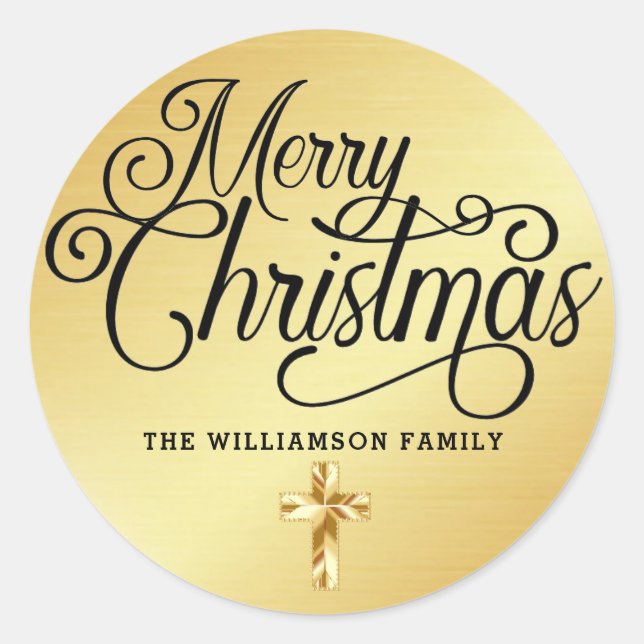 Personalised Gold Cross Merry Christmas Christian Classic Round Sticker (Front)