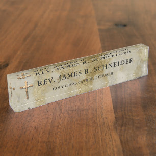 Personalised Gold Crucifix Cross White Marble Nameplate