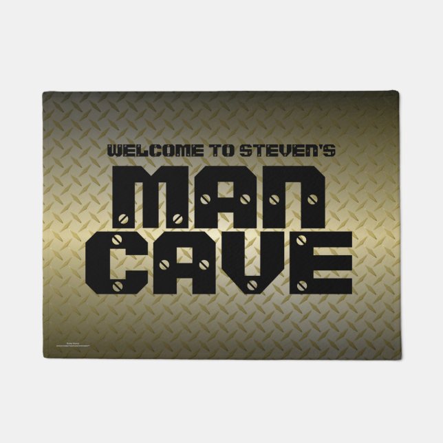 Personalised Gold Diamondplate Pattern Man Cave Doormat (Front)