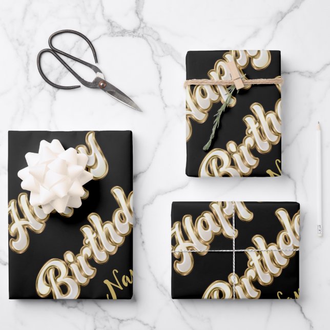 Personalised Gold Elegant Happy Birthday Gift Bag Wrapping Paper Sheet (Front)