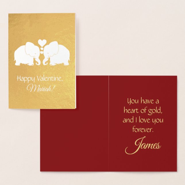 Personalised Gold Elephants With Hearts Valentine Foil Card (Display)