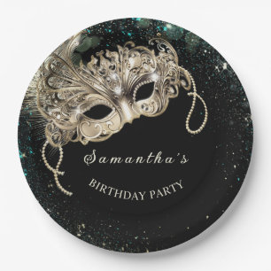 Personalised Gold Emerald Green Masquerade Party Paper Plate