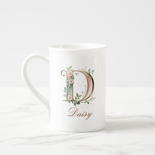 Personalised Gold Floral Monogram Initial D Bone China Mug (Left)