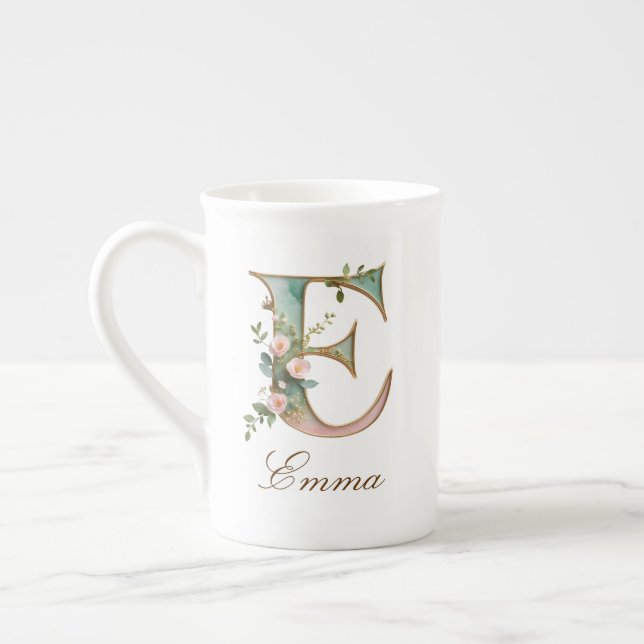 Personalised Gold Floral Monogram Initial E Bone China Mug (Left)