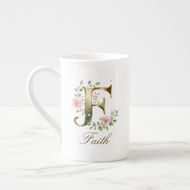 Personalised Gold Floral Monogram Initial F Bone China Mug (Left)