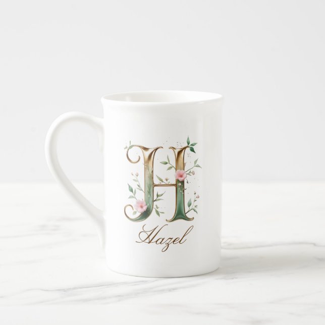 Personalised Gold Floral Monogram Initial H Bone China Mug (Left)