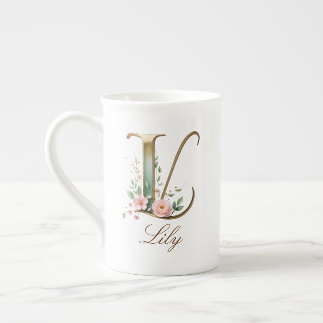Personalised Gold Floral Monogram Initial L Bone China Mug (Left)