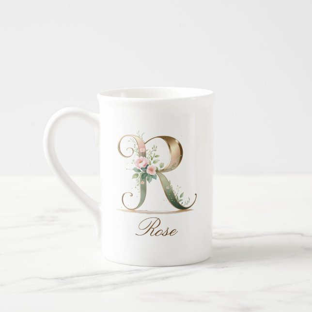 Personalised Gold Floral Monogram Initial R Bone China Mug (Left)