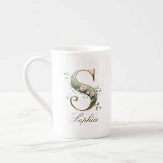 Personalised Gold Floral Monogram Initial S Bone China Mug