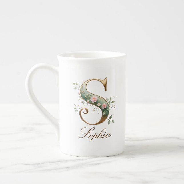 Personalised Gold Floral Monogram Initial S Bone China Mug (Left)