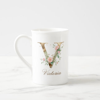 Personalised Gold Floral Monogram Initial V Bone China Mug