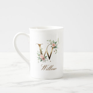 Personalised Gold Floral Monogram Initial W Bone China Mug