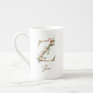 Personalised Gold Floral Monogram Initial Z Bone China Mug