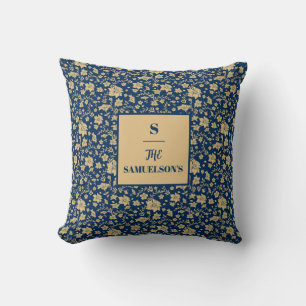 Personalised Gold Floral Pillow on Navy Background