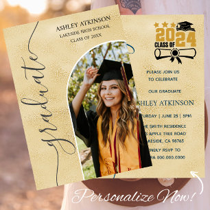 Personalised Gold Foil Glitter Photo Graduation Invitation