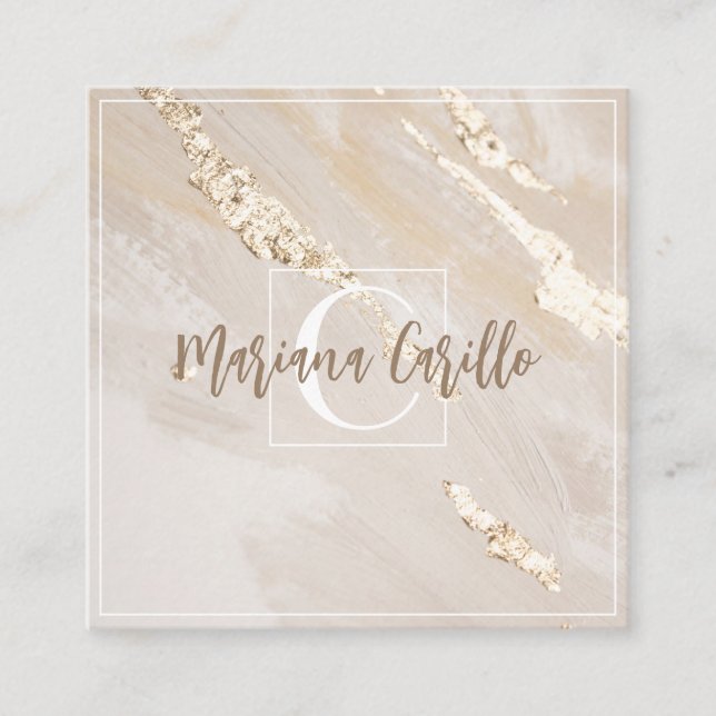 Personalised Gold Foil Marble Monogram Script  Square Business Card (Front)