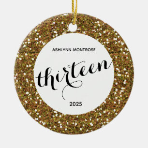Personalised Gold Glitter 13th Birthday Ceramic Tree Decoration