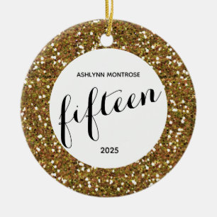 Personalised Gold Glitter 15th Birthday Ceramic Tree Decoration