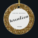 Personalised Gold Glitter 17th Birthday Ceramic Tree Decoration<br><div class="desc">Personalised gold glitter 17th ornament featuring a gold glitter design on the front and back. Please see photos. You will be able to easily personalise the front of this beautiful 17th birthday ornament with her name and Christmas year or birthday, etc. This is a unique personalised 17th keepsake for her....</div>