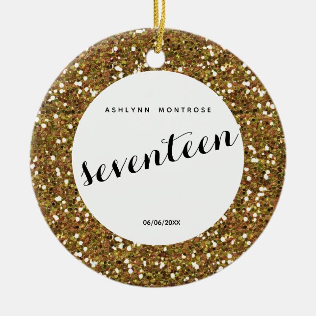 Personalised Gold Glitter 17th Birthday Ceramic Tree Decoration (Front)