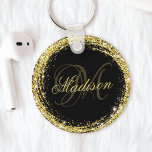 Personalised Gold Glitter Black Glam Key Ring<br><div class="desc">Easily personalise this luxury glam gold glitter framed keychain with your custom name and monogram.</div>