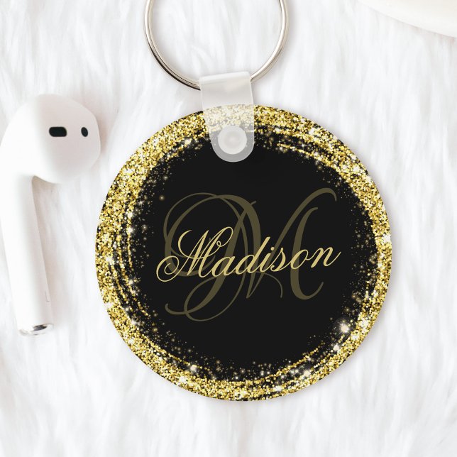 Personalised Gold Glitter Black Glam Key Ring (Creator Uploaded)