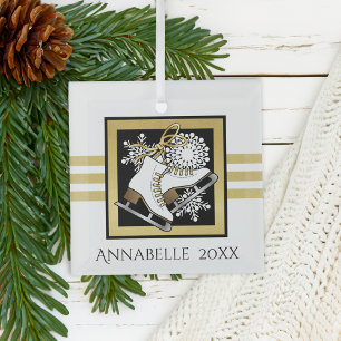 Personalised Gold Glitter Black White Ice Skating Glass Tree Decoration