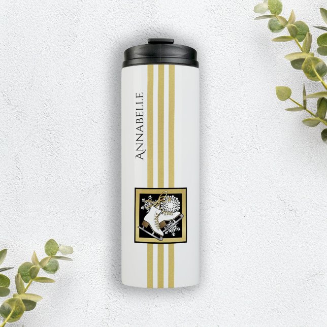 Personalised Gold Glitter Black White Ice Skating Thermal Tumbler (Creator Uploaded)